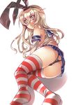 1girl ass blonde_hair detached_sleeves elbow_gloves fury gloves hairband highres kantai_collection long_hair looking_at_viewer panties pantyshot shimakaze_(kantai_collection) skirt socks solo striped striped_legwear thighhighs underwear upskirt wedgie 