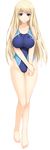  1girl bare_shoulders barefoot blonde_hair blue_eyes breasts feet full_body highres iizuki_tasuku large_breasts legs long_hair long_image looking_at_viewer lovely_x_cation lovely_x_cation_2 simple_background solo standing swimsuit thighs toes white_background yoshinoya_seine 