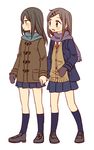  black_hair blush brown_hair cardigan hachiko_(hati12) hair_ornament holding_hands kneehighs loafers long_hair looking_away mittens multiple_girls necktie original scarf school_uniform shoes skirt sweatdrop yuri 