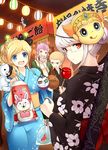  2girls bad_id bad_pixiv_id blonde_hair blue_eyes braid cham-p danganronpa festival fish glasses japanese_clothes kimono kuzuryuu_fuyuhiko mask monokuma monomi_(danganronpa) multiple_boys multiple_girls pekoyama_peko pink_hair ponytail red_eyes smile sonia_nevermind souda_kazuichi soumochi_kanoko star super_danganronpa_2 tanaka_gandamu twin_braids water_balloon white_hair 