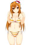  1girl bare_shoulders beatmania beatmania_iidx bikini blush breasts cleavage collarbone female hair_ornament head_tilt headphones highres hips kinoshita_ichi long_hair looking_at_viewer midriff mound_of_venus navel orange_eyes orange_hair shiny shiny_skin side-tie_bikini simple_background smile solo standing striped striped_bikini striped_swimsuit swimsuit thighs umegiri_iroha white_background 