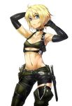  armpits arms_behind_head asymmetrical_clothes bare_shoulders blonde_hair blue_eyes bra choker elbow_gloves gloves holster knife midriff navel original shinazo short_hair single_pantsleg single_thighhigh thighhighs underwear 