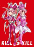  alternate_costume bad_id bad_pixiv_id baton bodysuit boots breasts dual_persona hat high_heel_boots high_heels highres icl jakuzure_nonon kill_la_kill knee_boots multiple_girls pink_bodysuit pink_eyes pink_hair red_background shako_cap short_hair sidelocks skull small_breasts symphony_regalia 