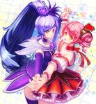  arm_warmers choker detached_sleeves eyelashes hair_ornament happy heart heterochromia highres holding_hands long_hair looking_at_viewer magical_girl mochisoldier multiple_girls open_mouth original pink_hair ponytail precure purple_hair purple_skirt red_eyes short_hair skirt smile thighhighs wrist_cuffs yellow_eyes 