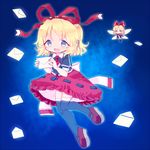  bad_id bad_pixiv_id blonde_hair blouse blue_background blue_eyes envelope flying gradient gradient_background hair_ribbon leg_up looking_at_viewer mary_janes matsuri_(powq) medicine_melancholy necktie open_mouth ribbon shoes short_hair short_sleeves simple_background skirt solo su-san thighhighs touhou wings 