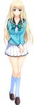  1girl blonde_hair blue_eyes bow bowtie breasts feet full_body highres iizuki_tasuku large_breasts legs long_hair long_image looking_at_viewer lovely_x_cation lovely_x_cation_2 school_uniform shoes simple_background skirt socks solo standing thighs white_background yoshinoya_seine 