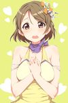  bare_shoulders blush breasts brown_hair clearite dress hair_ornament hands_on_own_chest heart jewelry koizumi_hanayo kokuhaku_biyori_desu! looking_at_viewer love_live! love_live!_school_idol_project medium_breasts necklace open_mouth purple_eyes short_hair solo yellow_dress 