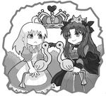  :&lt; ahoge alice_in_wonderland artoria_pendragon_(all) crown fate/stay_night fate/zero fate_(series) greyscale grin gupaon long_hair md5_mismatch monochrome multiple_girls saber smile toosaka_rin 