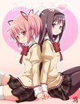  akemi_homura black_hair blush bow couple hair_ribbon hairband heart kaname_madoka kemoyuri long_hair looking_at_viewer mahou_shoujo_madoka_magica multiple_girls pantyhose pink_eyes pink_hair purple_eyes ribbon school_uniform short_hair skirt smile thighhighs twintails white_legwear yuri 