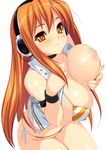  1girl areolae armband bare_shoulders beatmania beatmania_iidx bikini blush breast_lift breasts collarbone female fingernails headphones highres huge_breasts kinoshita_ichi light_smile long_hair looking_at_viewer looking_up navel nipples open_clothes open_shirt open_vest orange_eyes orange_hair shirt side-tie_bikini simple_background solo striped striped_bikini striped_swimsuit swimsuit umegiri_iroha vest wet white_background wristband 