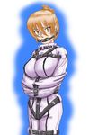  1girl bdsm belt bit_gag blush bodysuit bondage bound breasts brown_hair female gag gagged harness highres kudou_kuon large_breasts looking_at_viewer solo straitjacket tears 