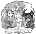  2boys ahoge alice_in_wonderland artoria_pendragon_(all) avenger bazett_fraga_mcremitz cup fate/hollow_ataraxia fate/stay_night fate/zero fate_(series) greyscale gupaon hat holding lancer md5_mismatch monochrome multiple_boys saber sitting table teacup top_hat 