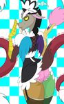  butt clothing crossdressing discord_(mlp) draconequus fangs feather_duster friendship_is_magic hat jrvanesbroek legwear looking_at_viewer looking_back maid maid_uniform male my_little_pony panties red_eyes solo stockings underwear 