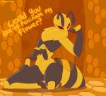  2018 2_fingers 4_arms abdomen animated antennae anthro arthropod bee black_claws black_stripes claws dialogue english_text featureless_crotch female flat_chested fur insect insect_wings kneeling multi_arm multi_limb neck_tuft nude orange_background pattern_background red_eyes simple_background solo striped_body stripes suggestive talking_to_viewer text tuft whygena wings yellow_body yellow_fur 