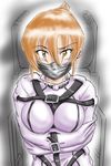  1girl bdsm belt blush bondage bound breasts brown_hair cloth_gag earrings female gag gagged harness highres improvised_gag jewelry kudou_kuon large_breasts looking_at_viewer over_the_nose_gag short_hair solo straitjacket tears 
