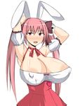  1girl animal_ears areola_slip areolae armpits bare_shoulders breasts bunny_ears covered_nipples curvy di_gi_charat dress erect_nipples female hair_ornament hair_ribbon hand_behind_head huge_breasts large_areolae long_hair long_twintails musuka_(muska) pink_hair red_eyes ribbon simple_background skirt solo twintails usada_hikaru white_background 