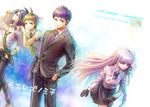  3boys ahoge black_hair braid brown_hair check_translation cover cover_page danganronpa danganronpa/zero danganronpa_1 father_and_daughter formal gloves hair_ribbon hands_in_pockets hinata_hajime hug hug_from_behind kirigiri_jin kirigiri_kyouko long_hair manga_(object) matsuda_yasuke multiple_boys necktie notebook purple_eyes purple_hair ribbon sandals school_uniform short_hair single_braid skirt suit super_danganronpa_2 translation_request youko-shima 