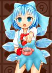  1girl bloomers blue_eyes blue_hair bow chocolate chocolate_bar chocolate_covered chocolate_making cirno dress drooling fang feeding fondue food fruit hair_bow heart highres ice ice_wings looking_at_viewer open_mouth oven_mitts pov_feeding shiron_(e1na1e2lu2ne3ru3) short_hair short_sleeves solo sparkle strawberry touhou underwear wings 
