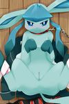  &#12377;&#12356;&#12377; ??? blue_body blue_eyes blush bound collar eeveelution female feral glaceon looking_at_viewer lying nintendo paws pok&#233;mon pok&eacute;mon pussy shadow solo spread_legs spreading tears video_games 