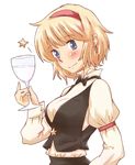  alice_margatroid alternate_costume arm_belt bad_id bad_pixiv_id blonde_hair blue_eyes blush contemporary cup drinking_glass earrings jewelry looking_at_viewer non_(z-art) short_hair smile solo star touhou upper_body vest wine_glass 