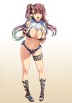 :o breasts cleavage demon_girl denim denim_shorts gradient gradient_background hair_ornament horns index_finger_raised large_breasts leviathan_(the_seven_deadly_sins) long_hair looking_at_viewer navel nishii_(nitroplus) no_legwear open_mouth pigeon-toed pointy_ears purple_hair red_eyes sandals shirt_lift short_shorts shorts side_ponytail simple_background solo teeth the_seven_deadly_sins 