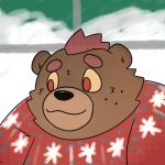  2018 black_nose brown_fur clothed clothing eyebrows fur hair inside male mammal overweight overweight_male red_eyes red_hair smile snow softscone solo thick_eyebrows ursine 
