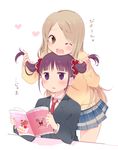  ;d blazer blonde_hair blush book brown_eyes cake food hair_ornament hair_scrunchie head_on_head heart jacket minami_shizuku multiple_girls necktie noda_kotone one_eye_closed open_mouth playing_with_another's_hair purple_eyes purple_hair sakura_trick school_uniform scrunchie sitting skirt smile standing sweater tarabagani twintails wavy_mouth 