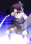  armor brown_eyes brown_hair highres hyuuga_(kantai_collection) kantai_collection katana looking_at_viewer niwatazumi scabbard sheath short_hair skirt solo sword weapon 