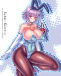  :o animal_ears artist_name blue_background blush breasts bunny_ears bunny_tail bunnysuit character_name cleavage collarbone covered_nipples habutae_kyusetsu hairband huge_breasts komeiji_satori large_breasts looking_at_viewer pantyhose parted_lips pink_hair red_eyes shiny shiny_clothes short_hair silhouette simple_background squatting tail third_eye touhou 