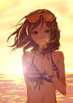  backlighting beach bikini bikini_top blush bracelet clearite eyewear_on_head front-tie_top hair_tousle hand_on_own_chest highres jewelry lens_flare looking_at_viewer love_live! love_live!_school_idol_project natsuiro_egao_de_1_2_jump! navel nishikino_maki ocean outdoors purple_eyes red_hair short_hair smile solo striped striped_bikini sunglasses sunset swimsuit water waves 