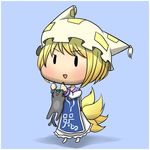  :d blonde_hair chen commentary error_musume fox_tail girl_holding_a_cat_(kantai_collection) kantai_collection multiple_tails open_mouth parody short_hair simple_background smile solo tail touhou v-shaped_eyebrows yakumo_ran yutanpo-2 