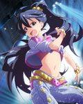  aqua_eyes belt black_hair bracelet d: fang ganaha_hibiki idolmaster idolmaster_(classic) idolmaster_million_live! jewelry long_hair looking looking_at_viewer midriff navel official_art open_mouth solo sparkle stage_lights sweat v-shaped_eyebrows 