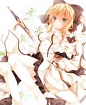  artoria_pendragon_(all) blonde_hair blush bow caliburn detached_sleeves dress fate/stay_night fate/unlimited_codes fate_(series) flower frills gloves green_eyes hair_bow long_hair mogu_(au1127) ponytail saber saber_lily solo sword thighhighs weapon 