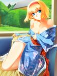  alice_margatroid bare_shoulders blonde_hair blue_eyes breasts cleavage couch duplicate grass hinohoshi_ataru japanese_clothes kimono short_hair sitting touhou tree 
