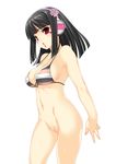  1girl bangs bare_shoulders beatmania beatmania_iidx bikini black_hair blunt_bangs blush bottomless breasts censored facial_mark female fingernails headphones highres hinazuki_ririna kinoshita_ichi long_fingernails long_hair looking_away mosaic_censoring mound_of_venus multicolored_stripes navel o-ring_top open_mouth pussy red_eyes shiny shiny_skin simple_background solo standing striped striped_bikini striped_swimsuit swimsuit thighs white_background 