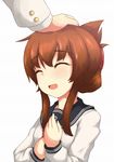  1girl :o ^_^ admiral_(kantai_collection) blush brown_hair closed_eyes folded_ponytail hair_ornament hairclip highres inazuma_(kantai_collection) kantai_collection long_hair minazuki_(aqua-city) open_mouth petting school_uniform serafuku smile 