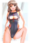  brown_eyes brown_hair cleavage_cutout competition_swimsuit hands_on_hips mashinatsu one-piece_swimsuit original short_hair solo swimsuit 