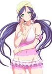  blush bracelet breasts card clearite facial_tattoo green_eyes head_scarf jewelry large_breasts long_hair looking_at_viewer love_live! love_live!_school_idol_project low_twintails natsuiro_egao_de_1_2_jump! navel purple_hair smile solo tarot tattoo toujou_nozomi twintails 