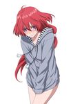  absurdres blush covering covering_crotch embarrassed highres hood hooded_jacket hoodie jacket kakumeiki_valvrave long_hair looking_at_viewer naked_hoodie no_pants ponytail purple_eyes rck7 red_hair renboukouji_akira shirt_tug solo v_arms white_background 