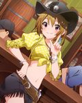  arm_support artist_request bar bottle bracelet brown_hair cowboy_hat earrings fringe_trim front-tie_top glint hat ibuki_tsubasa idolmaster idolmaster_million_live! index_finger_raised jewelry left-handed looking_at_viewer midriff navel official_art pink_eyes polka_dot polka_dot_shirt shirt short_hair skirt smile tied_shirt 