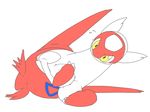  breast_grab breasts che_ri_ni female feral japanese_text latias legendary_pok&#233;mon nintendo plain_background pok&#233;mon pok&eacute;mon solo sweat text video_games white_background yellow_eyes 