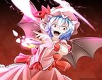  bat_wings blue_hair card dress fangs hat inyuppo open_mouth red_eyes remilia_scarlet ribbon short_hair solo spear_the_gungnir spell_card touhou wings 