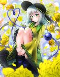  ankle_boots blouse blurry blush boots depth_of_field floral_background floral_print flower green_eyes hat hat_ribbon head_tilt heart heart_of_string highres knees_up komeiji_koishi leaning leg_hug light_particles looking_at_viewer open_mouth ribbon rose short_hair silver_hair sitting skirt solo third_eye touhou yellow_flower yellow_rose ymd_(holudoun) 