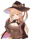  :d bangs black_cape black_hat blush bottle bow breasts brown_bow brown_choker brown_eyes brown_gloves brown_shirt bxr cape character_request choker cleavage elbow_gloves eyebrows_visible_through_hair food girls_frontline gloves hair_between_eyes hands_up hat hat_bow head_tilt highres holding holding_bottle holding_food light_brown_hair long_hair looking_at_viewer m1903_springfield_(girls_frontline) medium_breasts multicolored multicolored_cape multicolored_clothes open_mouth red_cape shirt smile solo striped striped_bow upper_teeth very_long_hair witch_hat 