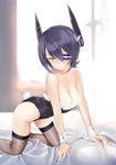 all_fours bare_shoulders bed black_hair breasts bunny_tail cleavage eyepatch fishnets highres kantai_collection large_breasts short_hair solo tail tenryuu_(kantai_collection) wa_(genryusui) wrist_cuffs yellow_eyes 