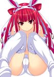  1girl ameto animal_ears ass bare_shoulders beatmania beatmania_iidx blush cameltoe collarbone ears elbow_gloves fake_animal_ears gloves hair_ornament head_tilt highres kinoshita_ichi leg_hold legs long_hair looking_at_viewer navel panties red_eyes red_hair shiny shiny_skin simple_background sitting smile solo thighhighs topless two_side_up underwear underwear_only white_background white_legwear white_panties 