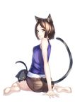  animal_ears bad_id bad_pixiv_id bare_shoulders barefoot blush brown_hair cat cat_ears cat_tail kyon_(fuuran) looking_at_viewer looking_back original short_hair shorts sitting smile soles solo tail wariza 