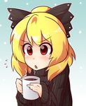  :o blonde_hair blue_background blush bow coffee coffee_mug cup flying_sweatdrops gradient gradient_background hair_bow hair_bun kurodani_yamame long_hair mug red_eyes ribbed_sweater sleeves_past_wrists snowing solo steam sweater touhou turtleneck upper_body wool_(miwol) 