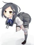  :p bent_over black_hair blue_neckwear blue_ribbon blush brown_eyes full_body gloves hair_ornament hairclip hand_on_own_knee kantai_collection kneehighs kuroshio_(kantai_collection) loafers looking_at_viewer nagasioo neck_ribbon ribbon shoes short_hair short_sleeves solo standing standing_on_one_leg thigh_strap tongue tongue_out turret vest white_background white_gloves 