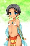  1girl black_hair blue_eyes blush female indian looking_at_viewer navel original shiratama short_hair small_breasts smile solo tan 